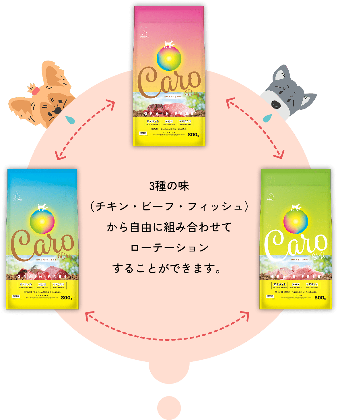 3タイプ（チキン・ビーフ・フィッシュ）から自由に組み合わせてローテーションすることができます。